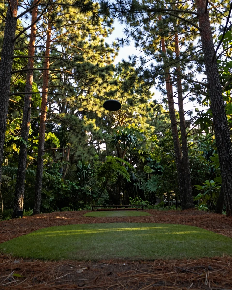 Dynamic low-angle wide shot of a disc golf fairway at golden hour, canopy daylight filtering through pine needles, disc