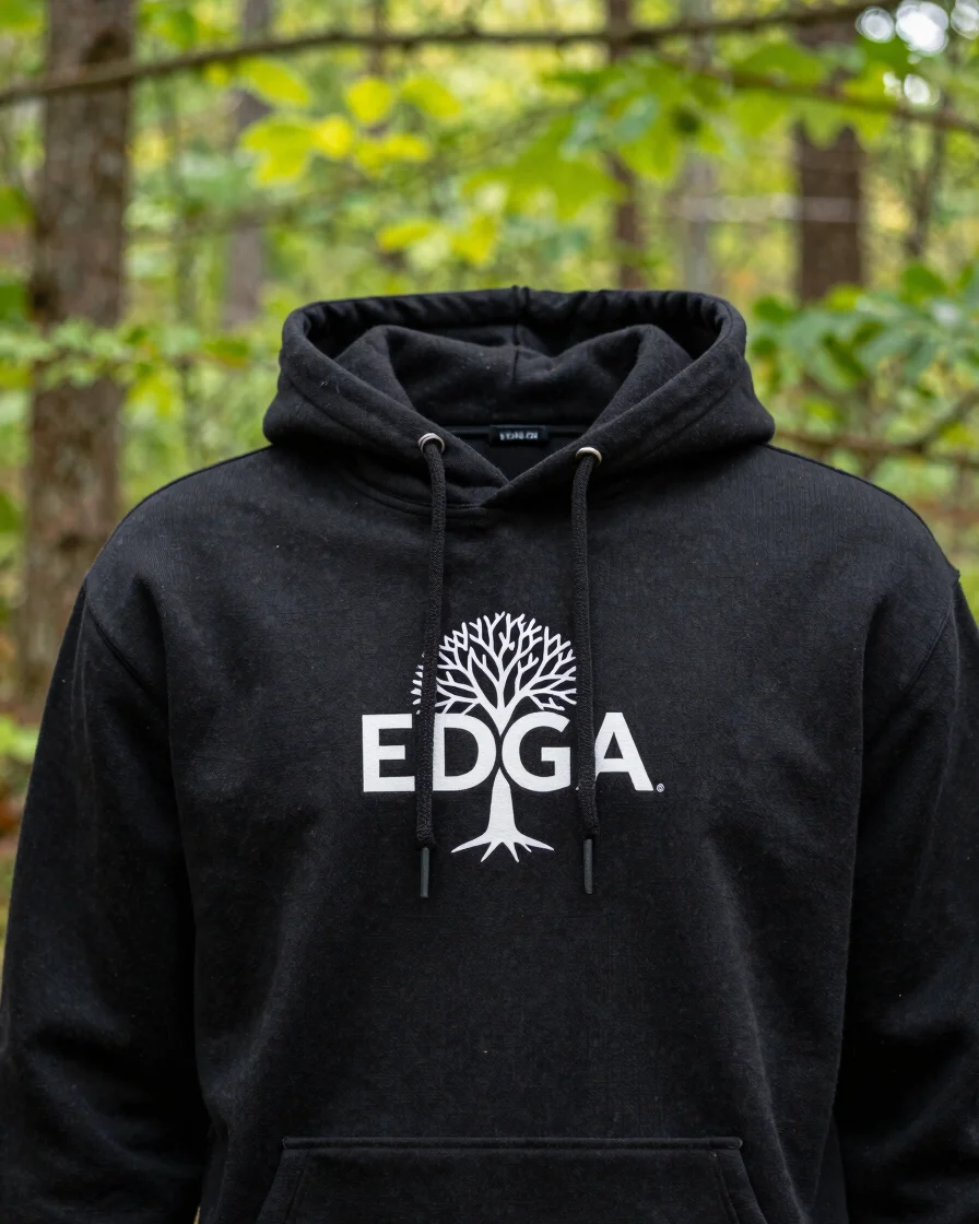 Macro detail shot of a black heavyweight hoodie with the EDGA tre
