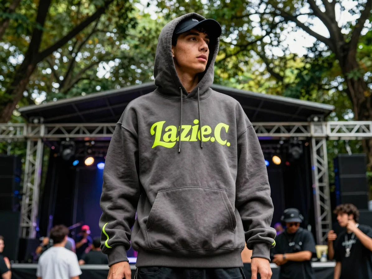 Lazie.C branded streetwear hoodie, charcoal with lime accents, wo