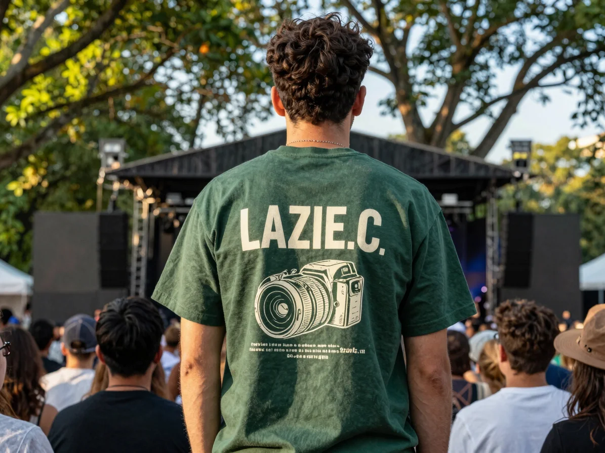 Lazie.C branded graphic tee, forest green with cream print, worn